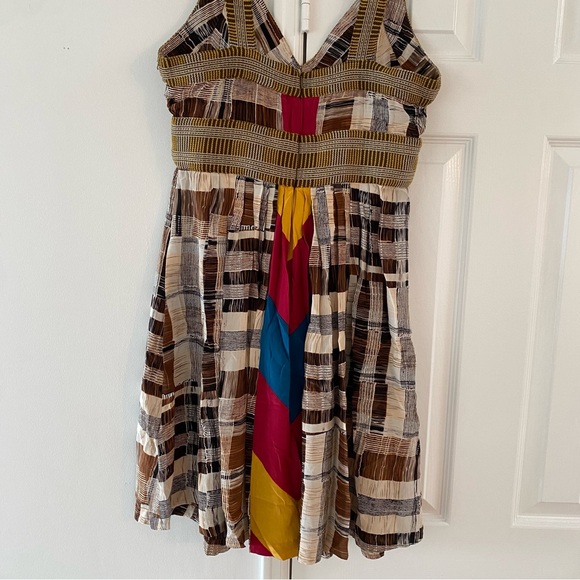 100% Silk Plenty by Tracy Reese Brown Plaid Dress w/ Bright Colored Back Panel - Picture 3 of 13